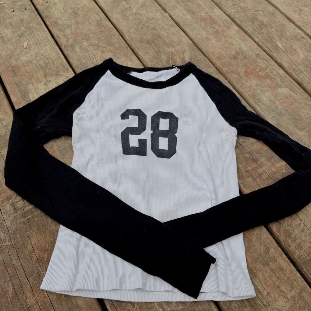 John Galt Brandy Melville Raglan Baseball Tee Black White Ribbed 28 Graphic Top